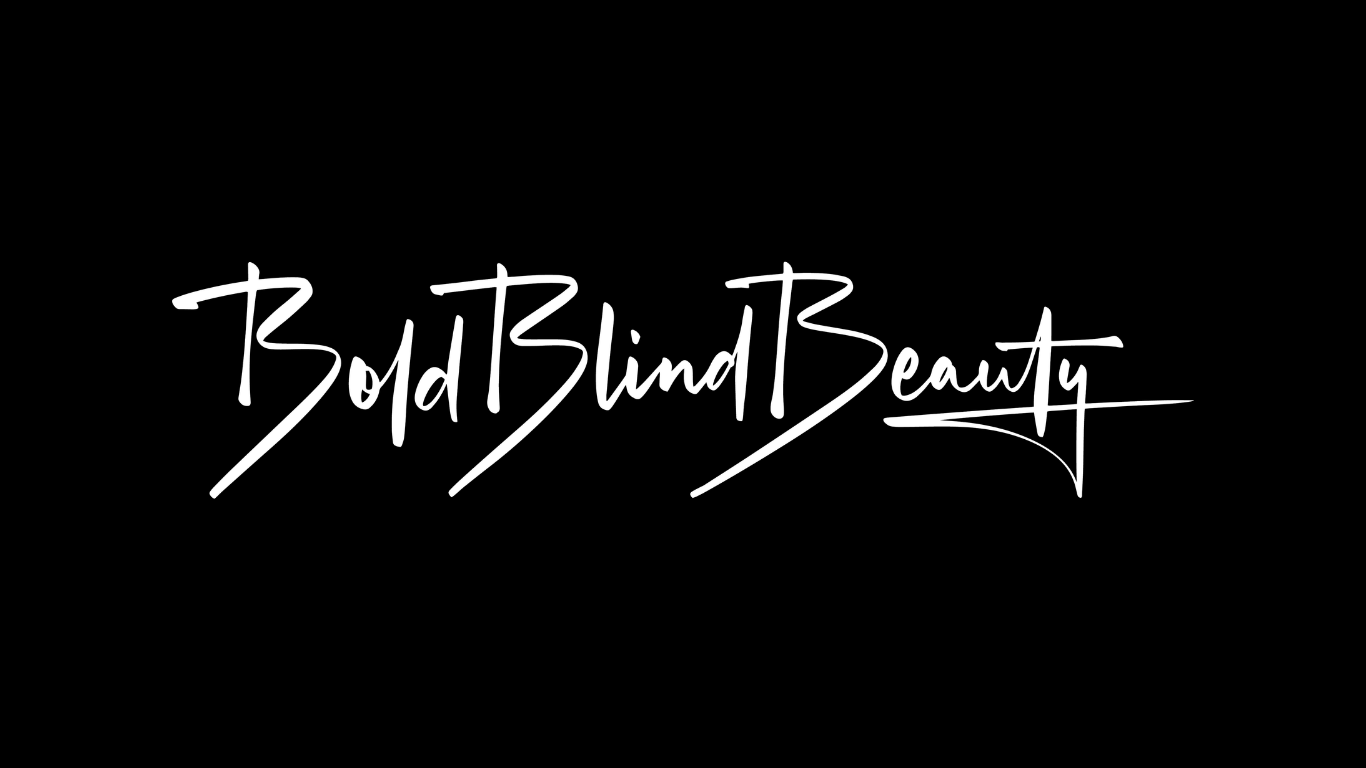 Bold Blind Beauty is featured in elegant, handwritten script, signifying individuality and strength. The flowing abstract emblem above suggests movement, progress, and an embracing spirit. The logo inspires connection and celebrates the unique journeys that bring us together.